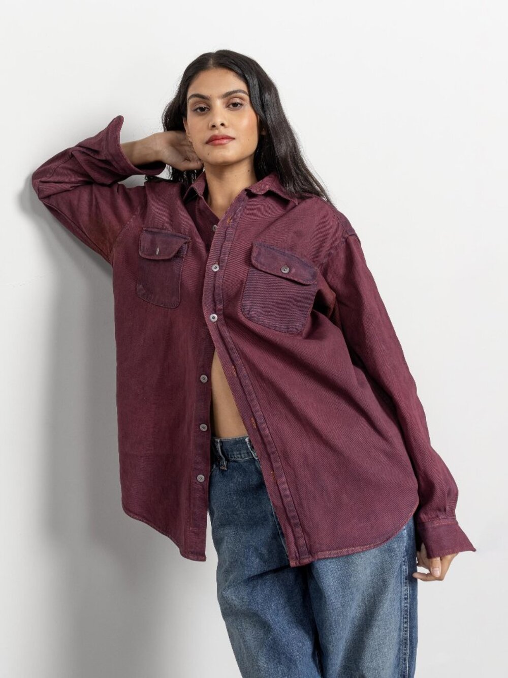 VINTAGE DENIM SHIRT Burgundy Jean Cotton Workwear Streetwear 90's Oversize